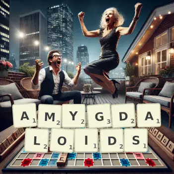 Creative illustration for a Scrabble game with the word AMYGDALOIDS spelled out in tiles on the board.