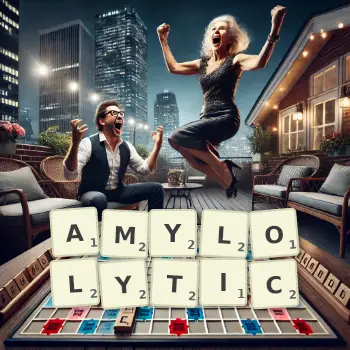 Creative illustration for a Scrabble game with the word AMYLOLYTIC spelled out in tiles on the board.