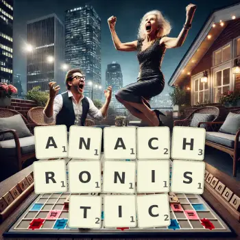 Creative illustration for a Scrabble game with the word ANACHRONISTIC spelled out in tiles on the board.