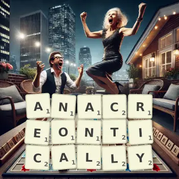 Creative illustration for a Scrabble game with the word ANACREONTICALLY spelled out in tiles on the board.
