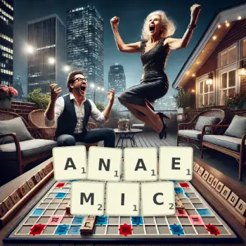 Creative illustration for a Scrabble game with the word ANAEMIC spelled out in tiles on the board.