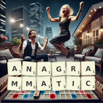Creative illustration for a Scrabble game with the word ANAGRAMMATIC spelled out in tiles on the board.