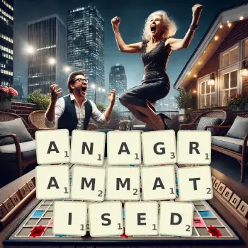 Creative illustration for a Scrabble game with the word ANAGRAMMATISED spelled out in tiles on the board.
