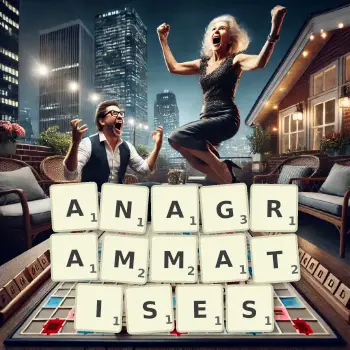 Creative illustration for a Scrabble game with the word ANAGRAMMATISES spelled out in tiles on the board.