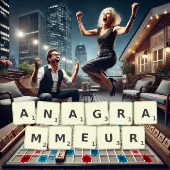 Creative illustration for a Scrabble game with the word ANAGRAMMEUR spelled out in tiles on the board.
