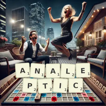 Creative illustration for a Scrabble game with the word ANALEPTIC spelled out in tiles on the board.