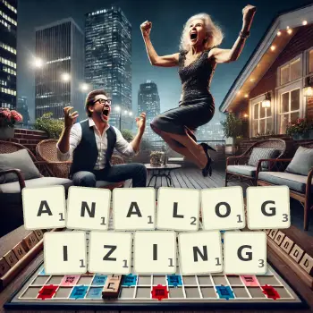 Creative illustration for a Scrabble game with the word ANALOGIZING spelled out in tiles on the board.