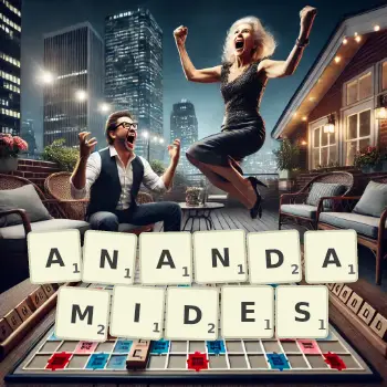 Creative illustration for a Scrabble game with the word ANANDAMIDES spelled out in tiles on the board.
