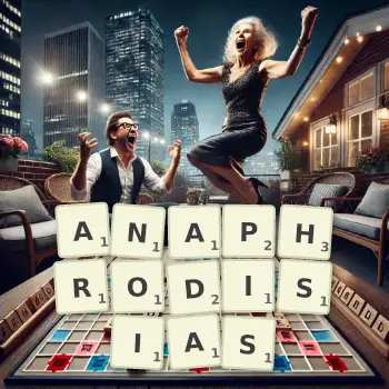 Creative illustration for a Scrabble game with the word ANAPHRODISIAS spelled out in tiles on the board.