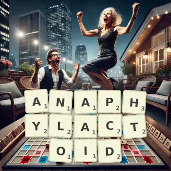 Creative illustration for a Scrabble game with the word ANAPHYLACTOID spelled out in tiles on the board.