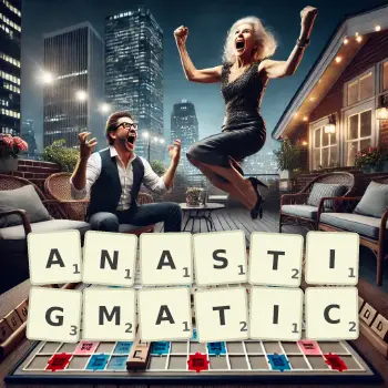 Creative illustration for a Scrabble game with the word ANASTIGMATIC spelled out in tiles on the board.