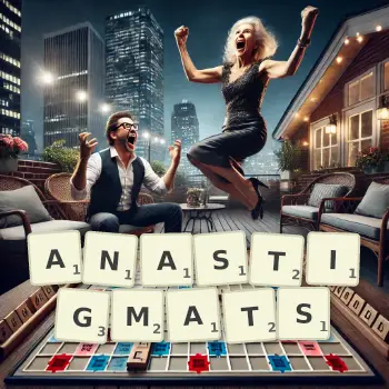 Creative illustration for a Scrabble game with the word ANASTIGMATS spelled out in tiles on the board.