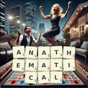 Creative illustration for a Scrabble game with the word ANATHEMATICAL spelled out in tiles on the board.