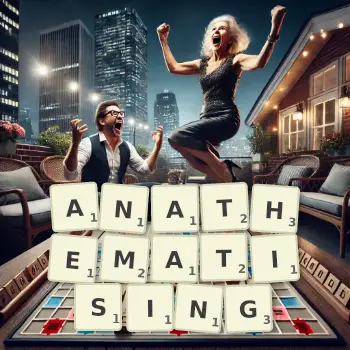 Creative illustration for a Scrabble game with the word ANATHEMATISING spelled out in tiles on the board.