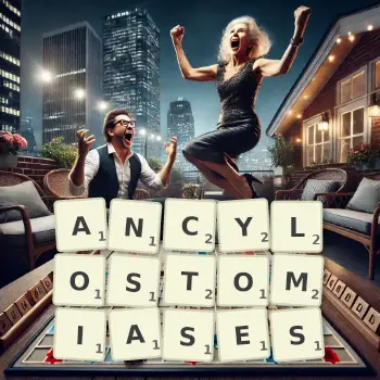 Creative illustration for a Scrabble game with the word ANCYLOSTOMIASES spelled out in tiles on the board.