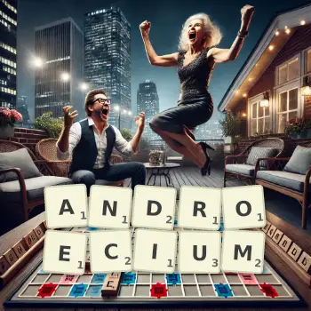 Creative illustration for a Scrabble game with the word ANDROECIUM spelled out in tiles on the board.