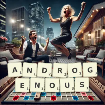 Creative illustration for a Scrabble game with the word ANDROGENOUS spelled out in tiles on the board.