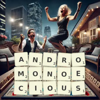 Creative illustration for a Scrabble game with the word ANDROMONOECIOUS spelled out in tiles on the board.