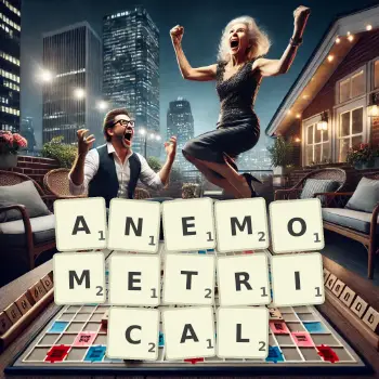 Creative illustration for a Scrabble game with the word ANEMOMETRICAL spelled out in tiles on the board.