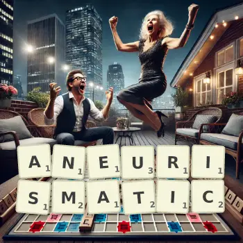 Creative illustration for a Scrabble game with the word ANEURISMATIC spelled out in tiles on the board.