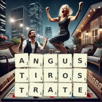 Creative illustration for a Scrabble game with the word ANGUSTIROSTRATE spelled out in tiles on the board.