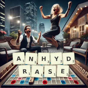 Creative illustration for a Scrabble game with the word ANHYDRASE spelled out in tiles on the board.