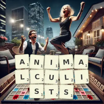 Creative illustration for a Scrabble game with the word ANIMALCULISTS spelled out in tiles on the board.