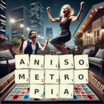 Creative illustration for a Scrabble game with the word ANISOMETROPIA spelled out in tiles on the board.