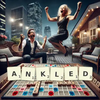 Creative illustration for a Scrabble game with the word ANKLED spelled out in tiles on the board.