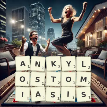 Creative illustration for a Scrabble game with the word ANKYLOSTOMIASIS spelled out in tiles on the board.