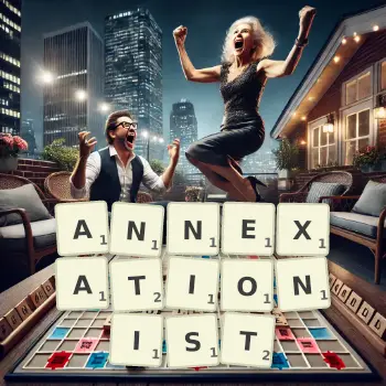Creative illustration for a Scrabble game with the word ANNEXATIONIST spelled out in tiles on the board.