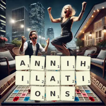 Creative illustration for a Scrabble game with the word ANNIHILATIONS spelled out in tiles on the board.