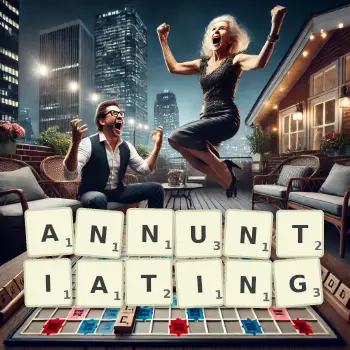 Creative illustration for a Scrabble game with the word ANNUNTIATING spelled out in tiles on the board.