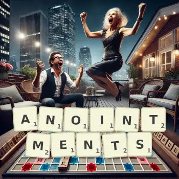 Creative illustration for a Scrabble game with the word ANOINTMENTS spelled out in tiles on the board.