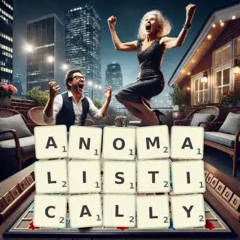 Creative illustration for a Scrabble game with the word ANOMALISTICALLY spelled out in tiles on the board.