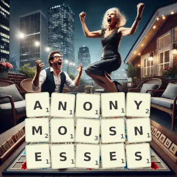 Creative illustration for a Scrabble game with the word ANONYMOUSNESSES spelled out in tiles on the board.