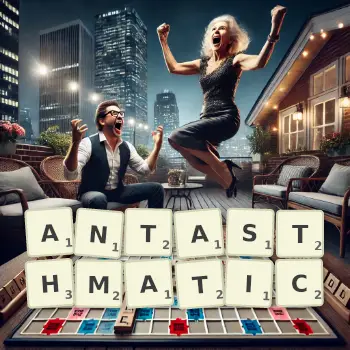 Creative illustration for a Scrabble game with the word ANTASTHMATIC spelled out in tiles on the board.