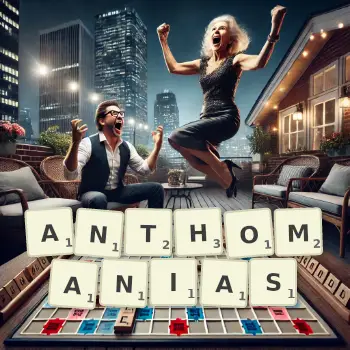 Creative illustration for a Scrabble game with the word ANTHOMANIAS spelled out in tiles on the board.