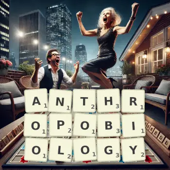 Creative illustration for a Scrabble game with the word ANTHROPOBIOLOGY spelled out in tiles on the board.