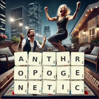 Creative illustration for a Scrabble game with the word ANTHROPOGENETIC spelled out in tiles on the board.