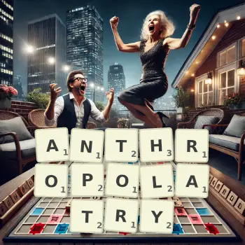 Creative illustration for a Scrabble game with the word ANTHROPOLATRY spelled out in tiles on the board.