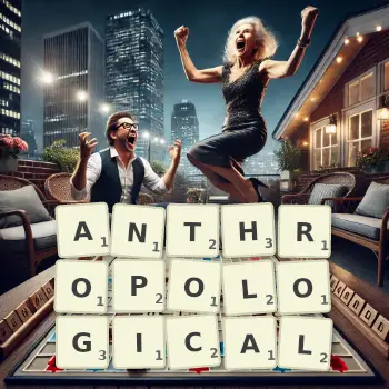 Creative illustration for a Scrabble game with the word ANTHROPOLOGICAL spelled out in tiles on the board.