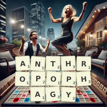 Creative illustration for a Scrabble game with the word ANTHROPOPHAGY spelled out in tiles on the board.