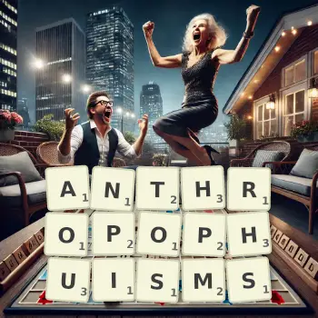 Creative illustration for a Scrabble game with the word ANTHROPOPHUISMS spelled out in tiles on the board.