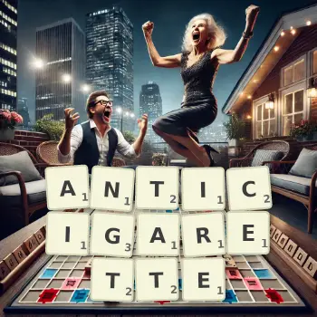 Creative illustration for a Scrabble game with the word ANTICIGARETTE spelled out in tiles on the board.