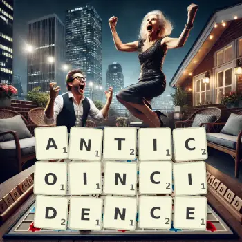 Creative illustration for a Scrabble game with the word ANTICOINCIDENCE spelled out in tiles on the board.