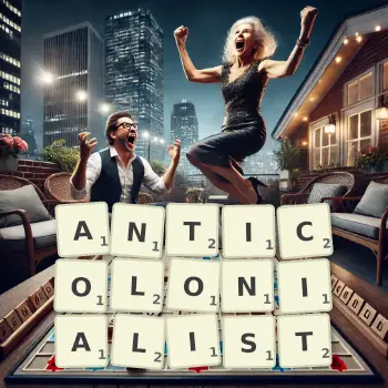 Creative illustration for a Scrabble game with the word ANTICOLONIALIST spelled out in tiles on the board.