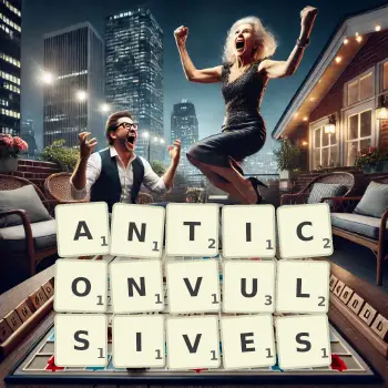 Creative illustration for a Scrabble game with the word ANTICONVULSIVES spelled out in tiles on the board.