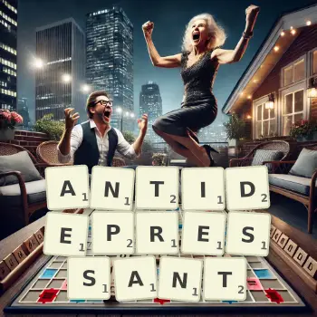 Creative illustration for a Scrabble game with the word ANTIDEPRESSANT spelled out in tiles on the board.
