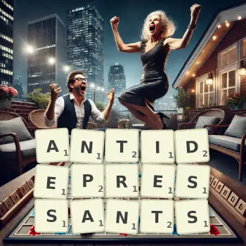 Creative illustration for a Scrabble game with the word ANTIDEPRESSANTS spelled out in tiles on the board.